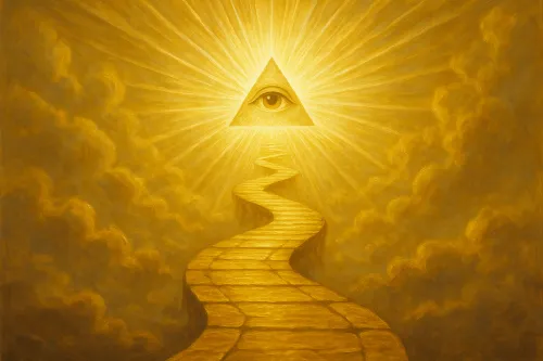 An image of a path leading to a triangle with an eye against a background of light