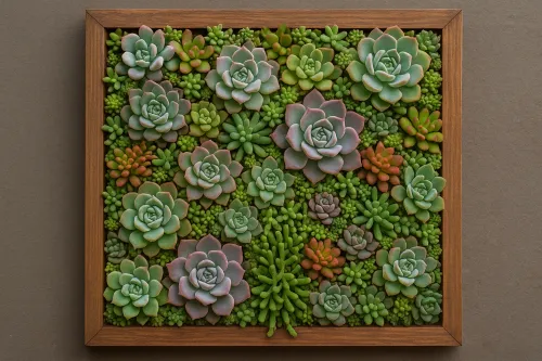 Artificial wall made of various succulents in a wooden frame