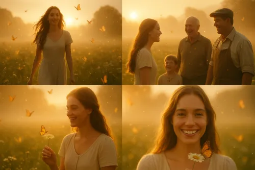A woman against a background of numerous butterflies, joyfully smiling at sunset
