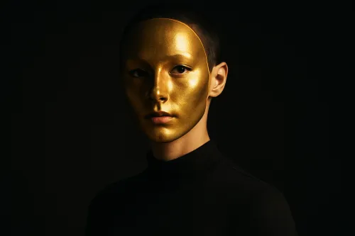 Retrato de modelo con máscara dorada y ropa negra sobre fondo oscuro