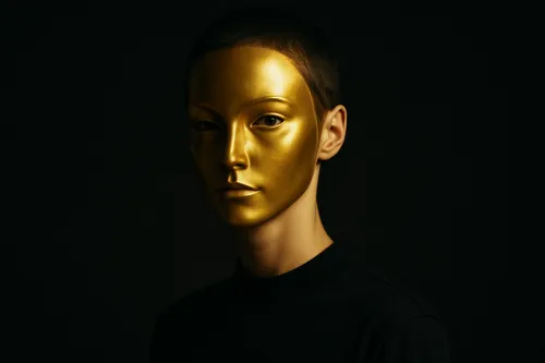 Face of a person covered in gold paint against a black wall