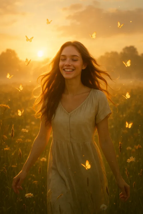 Mujer joven feliz con cabello largo frente al atardecer y mariposas