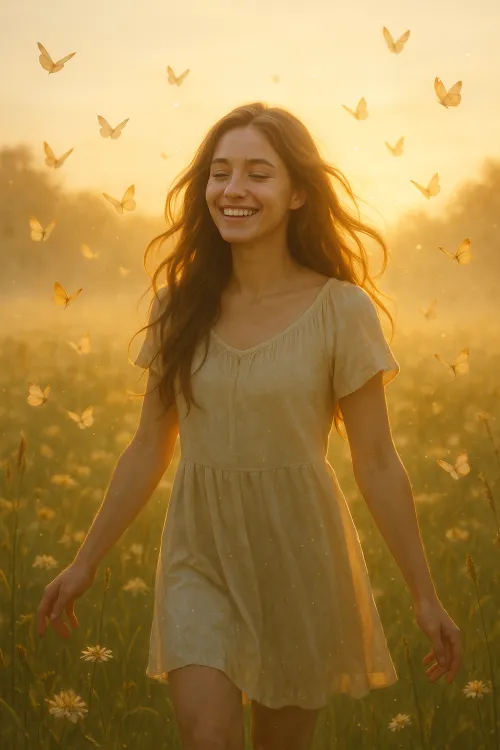 Chica feliz con un vestido ligero entre mariposas y flores al atardecer