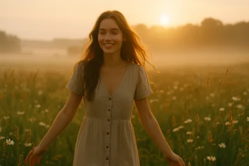 Joven mujer con vestido frente a un atardecer y un campo en flor