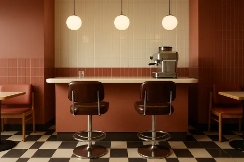 Interior de una cafetería con sillas modernas y lámparas