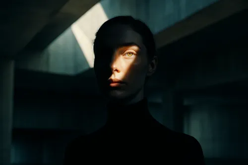 Portrait of a woman with one side of her face illuminated in shadow