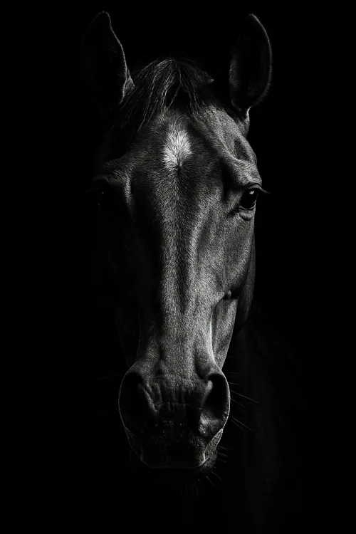 Caballo con ojos expresivos y detalles en el hocico sobre fondo negro