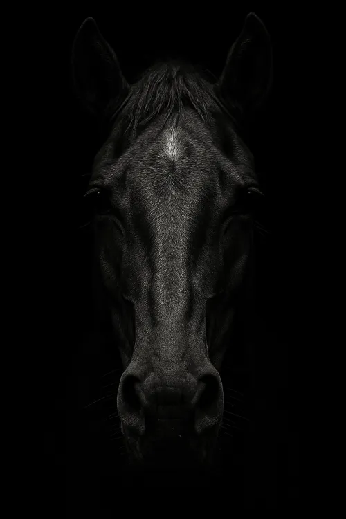 Photograph of the head of a black horse with distinct features on a dark background