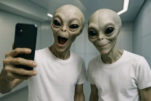 Dos extraterrestres sonrientes que se fotografían a sí mismos con un teléfono móvil.
