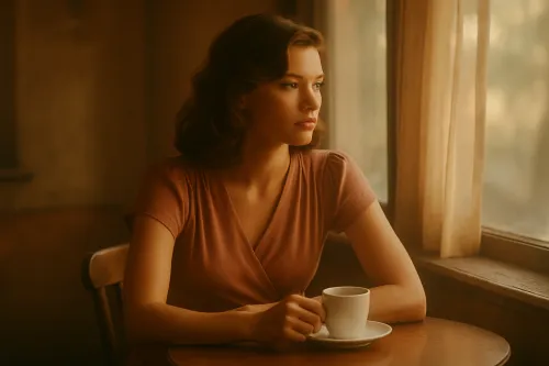 A girl sitting by the window with a cup of coffee in a cozy setting