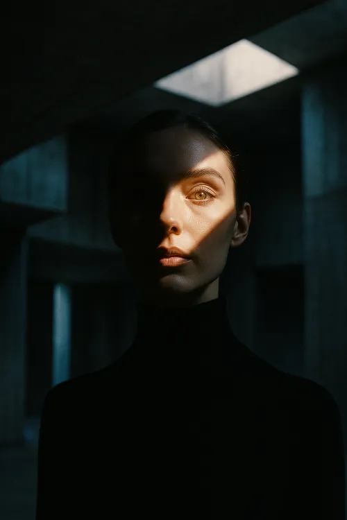 Retrato de una mujer con juegos de luz y sombra en un espacio arquitectónico