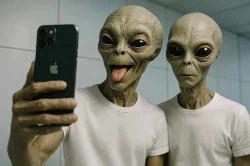 Dos alienígenas posan para una selfie frente a una pared moderna