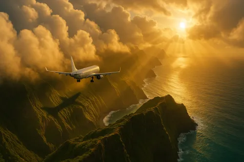 View of an airplane flying over a rocky coastline and sea bathed in sunset light