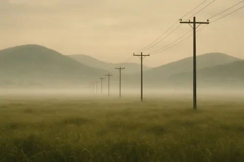 Paisaje con postes eléctricos sobre un fondo de montañas y niebla