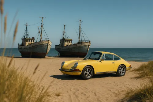 Classic yellow sports car next to fishing boats standing by the beach