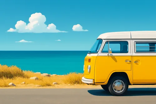 Van against the backdrop of the sea and clouds on a clear day