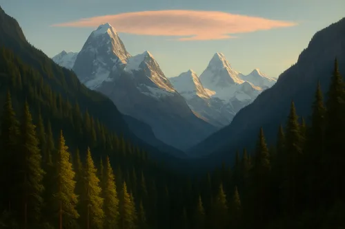 Hermosa montaña con cumbres nevadas y bosques verdes