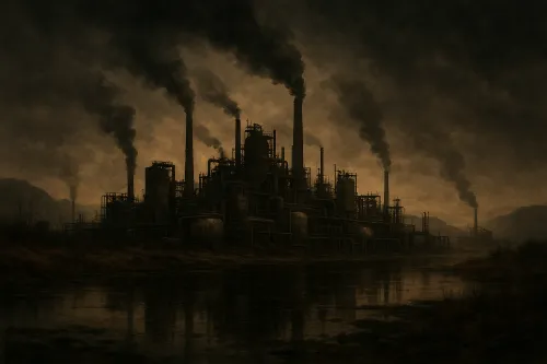 Factory plant in a gloomy setting with smoke and dark sky