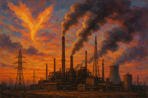 Atardecer brillante sobre un paisaje industrial con chimeneas y centrales eléctricas