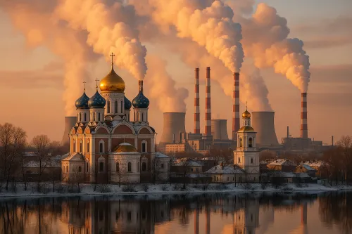 Iglesia y chimeneas industriales con el atardecer de fondo