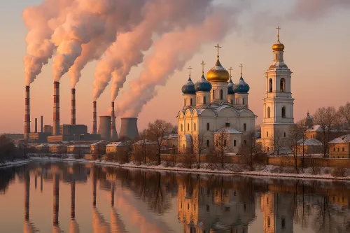Winter landscape with a church and smoking industrial chimneys