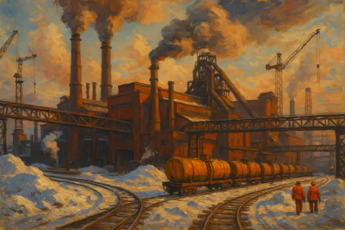 Image of an industrial plant with smoking chimneys and snow