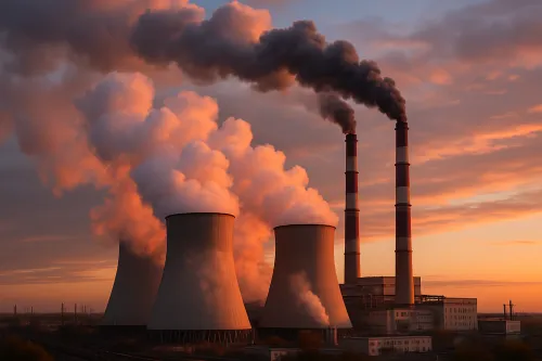 Photograph of industrial chimneys with smoke against the backdrop of a sunset
