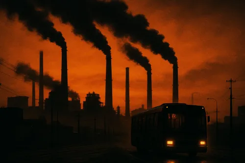 Dark industrial landscape with tall smoking chimneys against the sunset