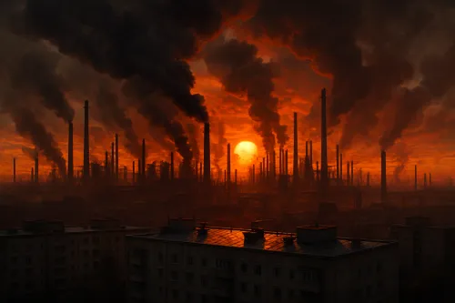 Sunset behind factories with smoking chimneys against the city backdrop