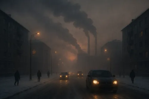 Harsh winter evening in the city with visible smoking chimneys