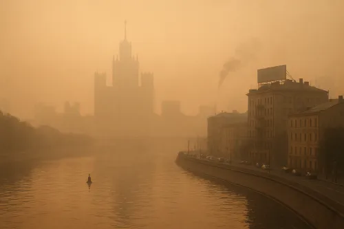 Mysterious scene with urban architecture immersed in fog and smog