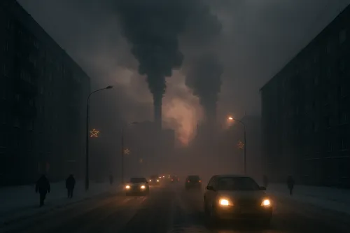 Industrial landscape with smoking chimneys and city lights in the evening