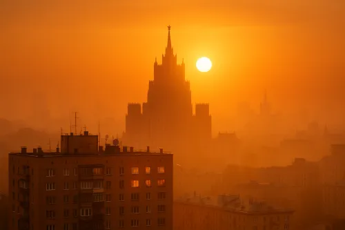 View of the Moscow skyline with a building silhouette against the sunset