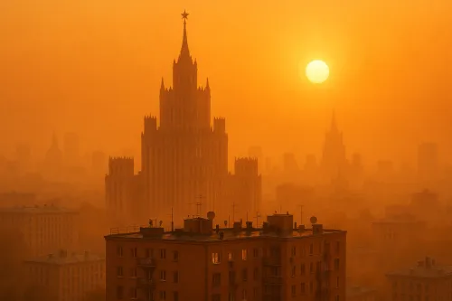 Stunning sunset over Moscow buildings in orange tones
