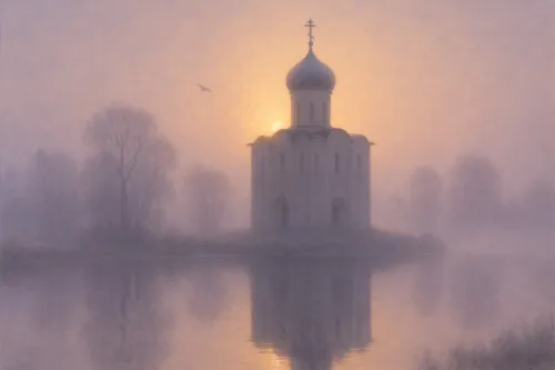 Church with a dome against the backdrop of a foggy dawn and calm water