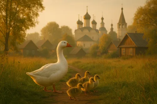 A family of ducks walking along a path to the village in the bright morning hour