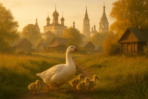 Cute duck and her ducklings amid a rural landscape