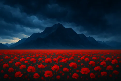 Dense field of red flowers against dark mountains and clouds