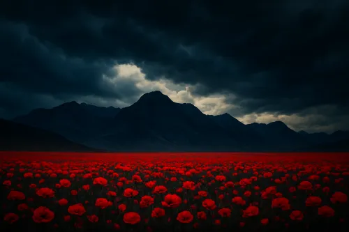 Field of red poppies in front of dark mountains and a cloudy sky