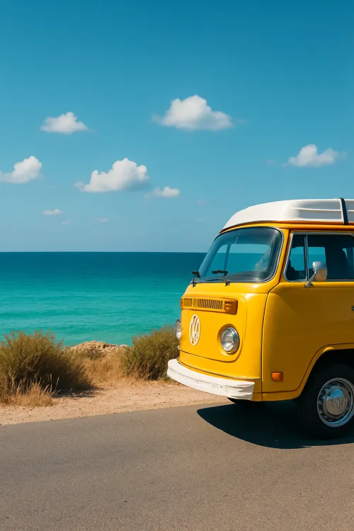 Vintage yellow Volkswagen van against a beautiful seaside landscape