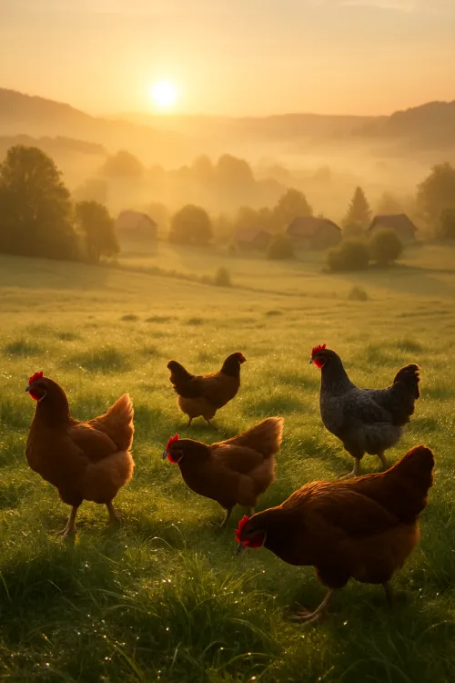 A group of chickens on a green meadow with a view of abandoned houses and the sunrise