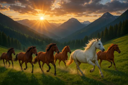 Grupo de caballos corriendo por un campo verde al atardecer