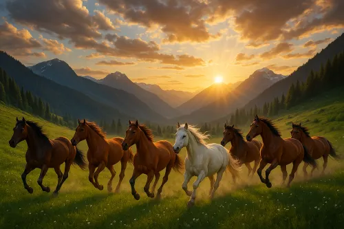 A group of horses running across a grassy meadow against the backdrop of a sunset