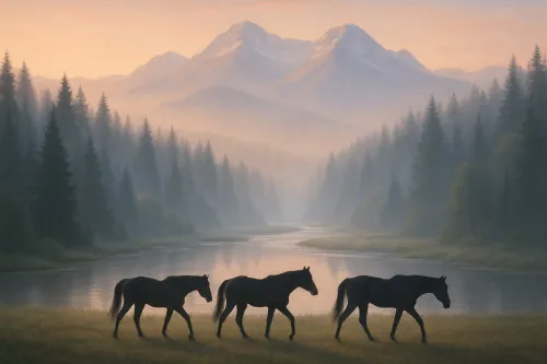 Horses walking along a river with a forest and mountains in the background