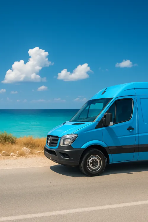 A blue truck stands on the road by the sea under a clear sky