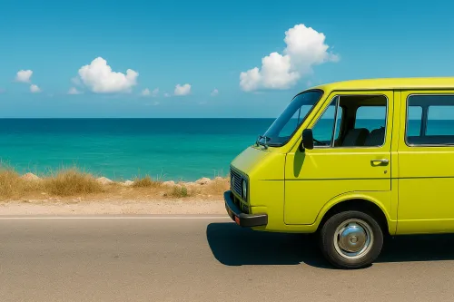 Green bus standing by the road with a view of the bright sea