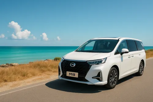 M8 car waiting by the seashore under a clear sky
