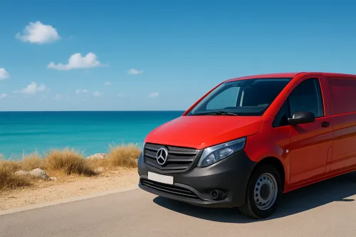 Фургон Mercedes-Benz с красным кузовом на берегу моря