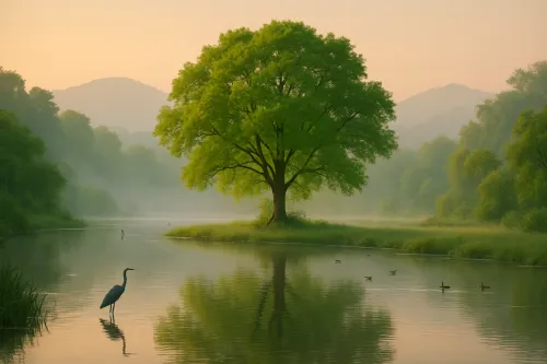 Beautiful morning scene with a tree, river, and birds