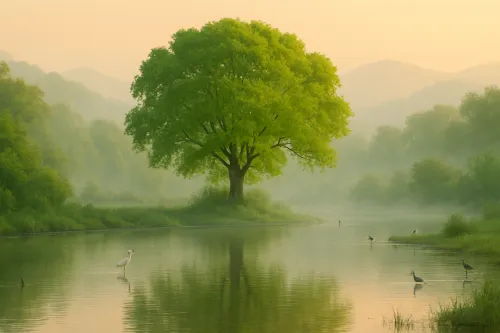 Sunny landscape with a large green tree by the river in the fog